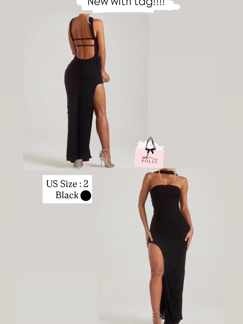 Oh Polly Black Strapless High-Slit Evening Gown